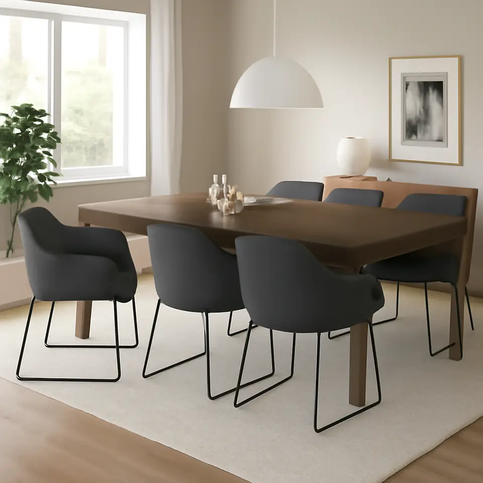 Møbelmontering TONSTAD / TOSSBERG Bord og 6 stole, brun egetræsfiner/Gunnared mørkegrå sort, 200×85 cm | Professionel Møbelmontør