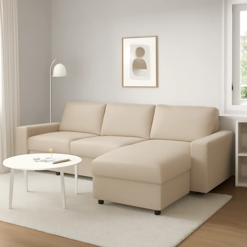 Møbelmontering VIMLE 3-pers. sofa med chaiselong, med brede armlæn/Hallarp beige | Få et tilbud i dag