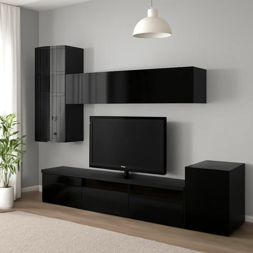 Møbelmontering BESTÅ Tv-møbel med vitrinelåger, sortbrun/Selsviken højglans/sort klart glas, 300x42x211 cm | Samling af Møbler i Rødovre & Kbh
