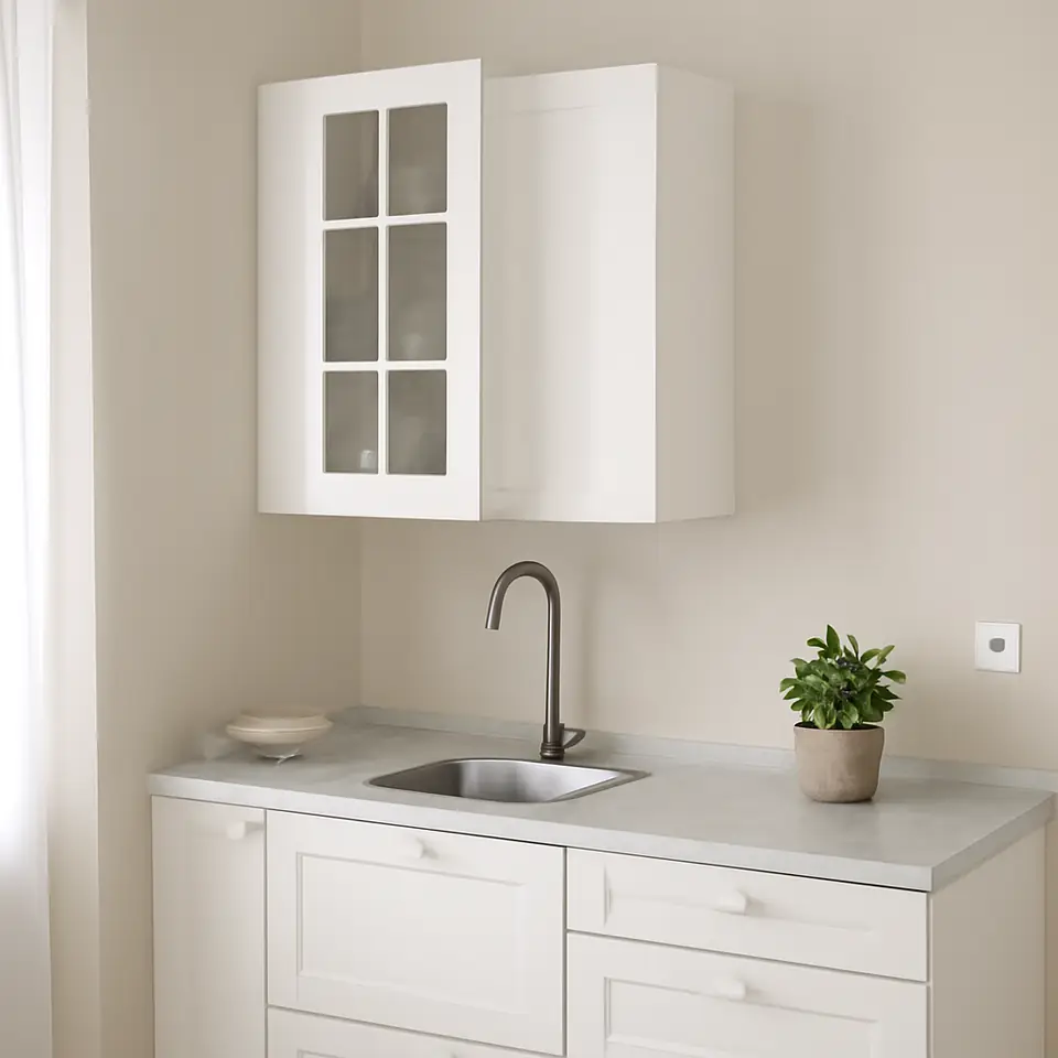 Møbelmontering METOD Hjørnevægskab med hylder/vitrinelåg, hvid/Stensund hvid, 68×80 cm | Billig & Hurtig i København