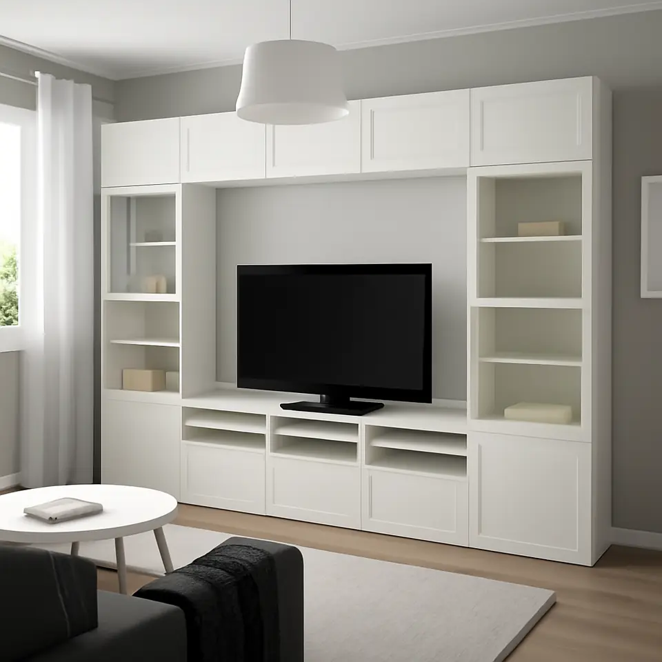Møbelmontering BESTÅ Tv-møbel med vitrinelåger, hvid/Hanviken hvidt klart glas, 300x42x231 cm | Professionel Møbelmontør