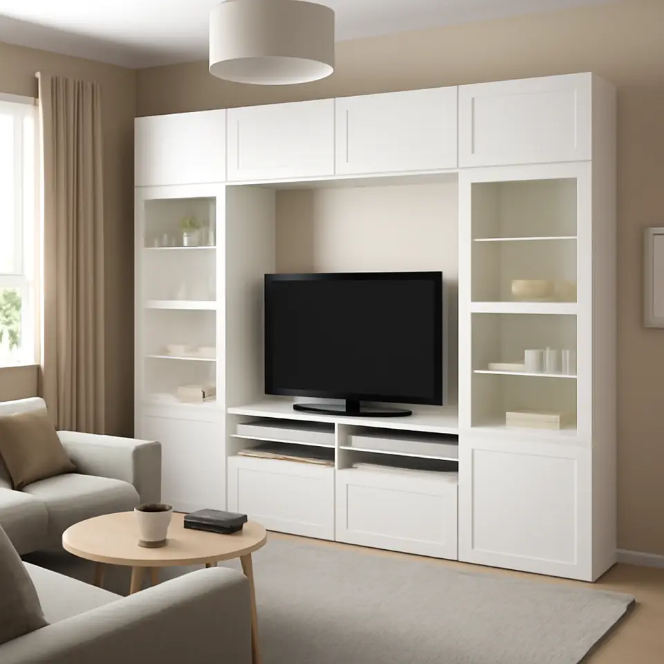 Møbelmontering BESTÅ Tv-møbel med vitrinelåger, hvid/Hanviken hvidt klart glas, 300x42x231 cm | Fast Pris i Storkøbenhavn