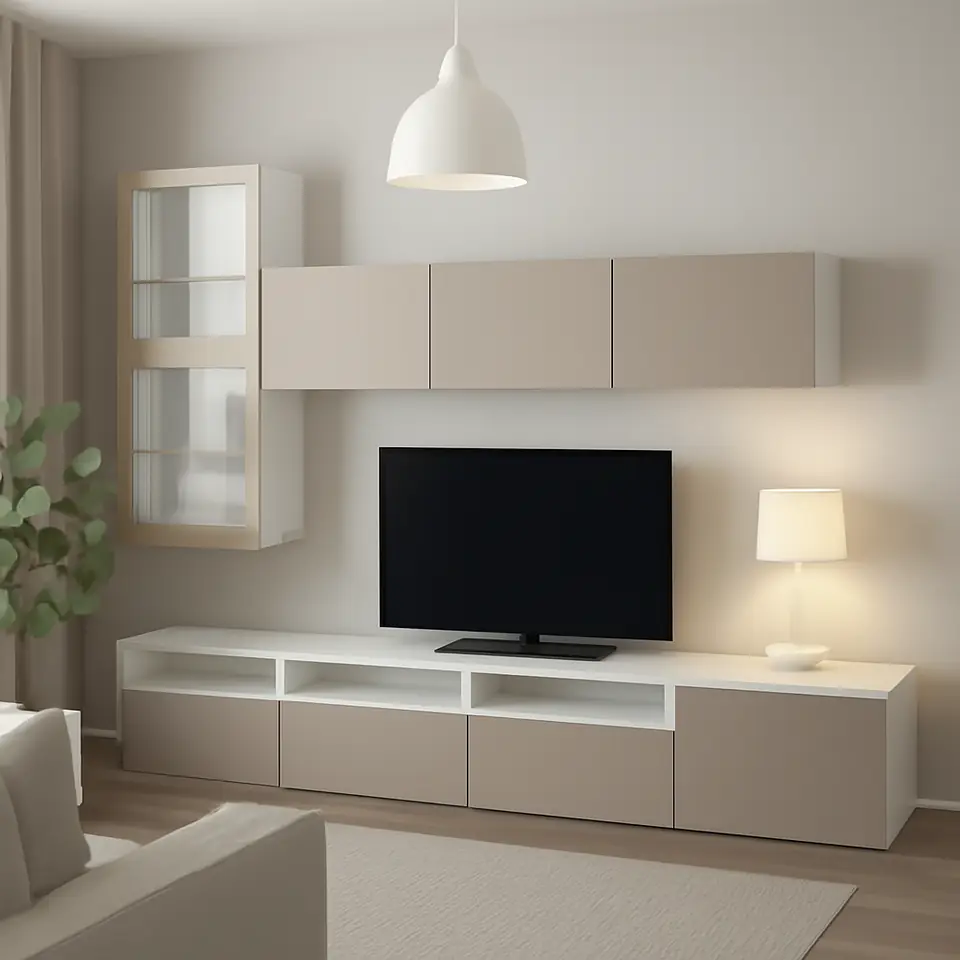 Møbelmontering BESTÅ Tv-møbel med vitrinelåger, hvid Lappviken/lys gråbeige klart glas, 300x42x211 cm | Få et tilbud i dag