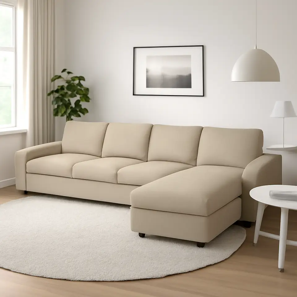 Møbelmontering VIMLE 4-pers. sofa med chaiselong, med brede armlæn/Hillared beige | Få et tilbud i dag