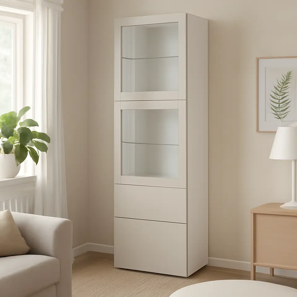 Møbelmontering BESTÅ Opbevaringsløsning med vitrinelåger, hvid Lappviken/lys gråbeige klart glas, 60x42x193 cm | Billig & Hurtig i København
