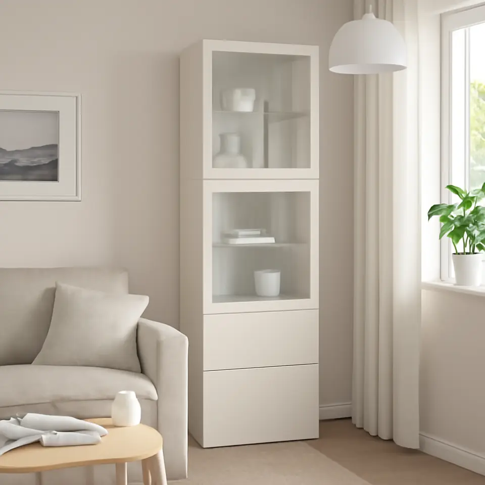 Møbelmontering BESTÅ Opbevaringsløsning med vitrinelåger, hvid Lappviken/lys gråbeige klart glas, 60x42x193 cm | Fast Pris i Storkøbenhavn