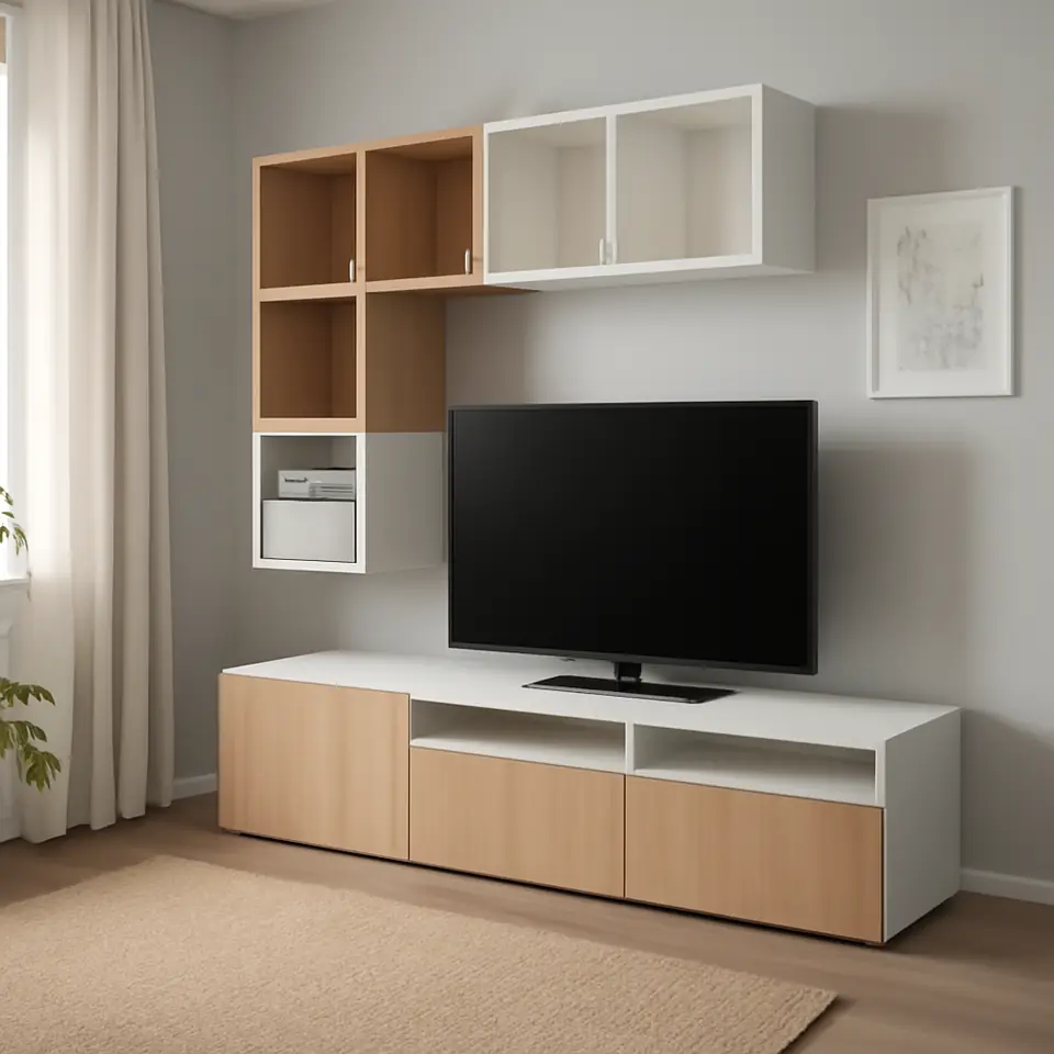 Møbelmontering BESTÅ / EKET Skabskombination til tv, hvid/egetræsmønster med hvid bejdse, 180x42x170 cm | Professionel Møbelmontør