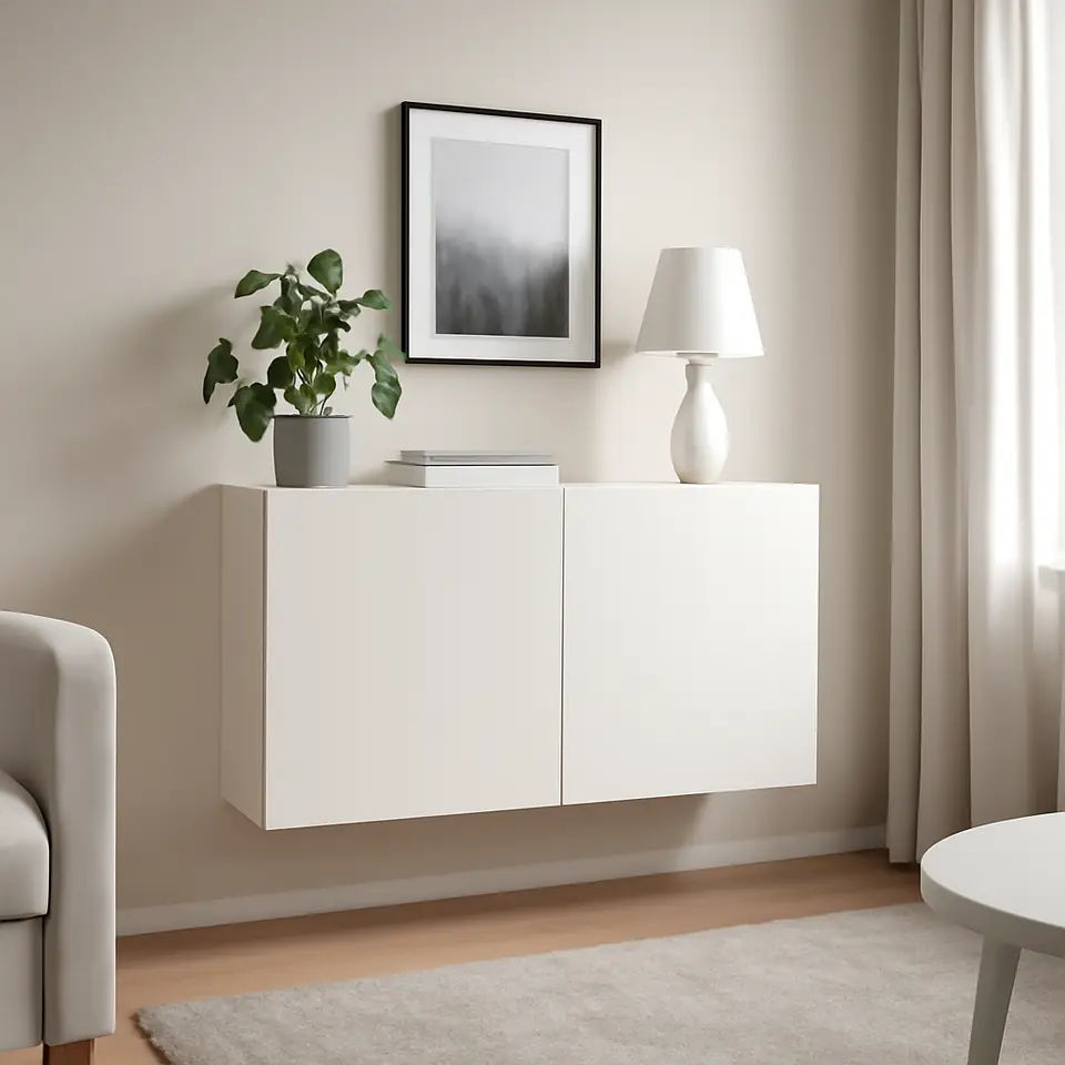 Møbelmontering BESTÅ Vægmonteret skabskombination, hvid/Selsviken højglans, 120x42x64 cm | Professionel Møbelmontør