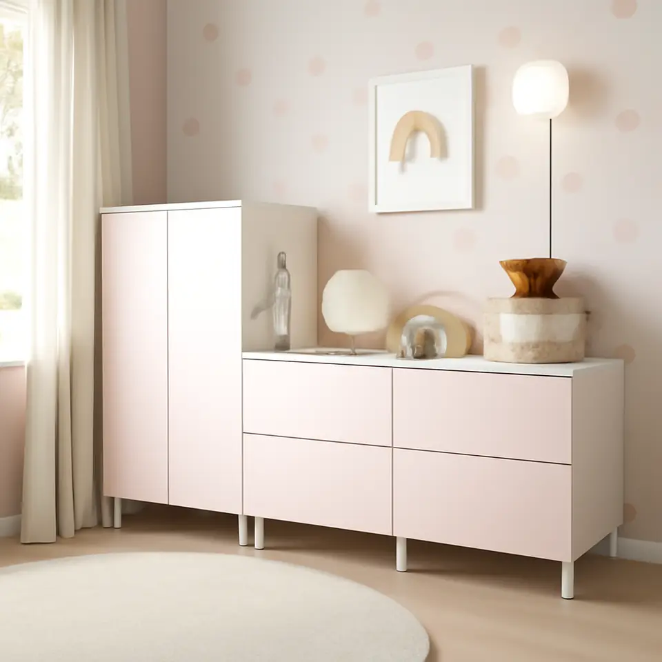 Møbelmontering SMÅSTAD / PLATSA Garderobeskab, hvid lyserød/med to kommoder, 180x57x133 cm | Professionel Møbelmontør