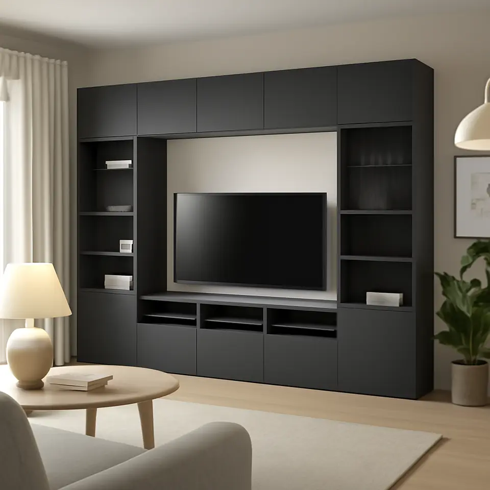 Møbelmontering BESTÅ Tv-møbel med vitrinelåger, mørkegrå Lappviken/Fällsvik antracit, 300x42x231 cm | Billig & Hurtig i København