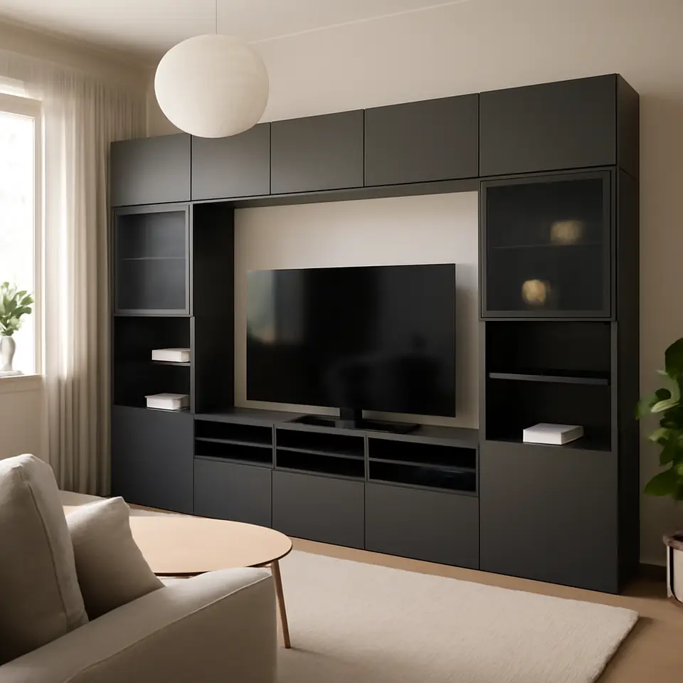 Møbelmontering BESTÅ Tv-møbel med vitrinelåger, mørkegrå Lappviken/Fällsvik antracit, 300x42x231 cm | Få et tilbud i dag