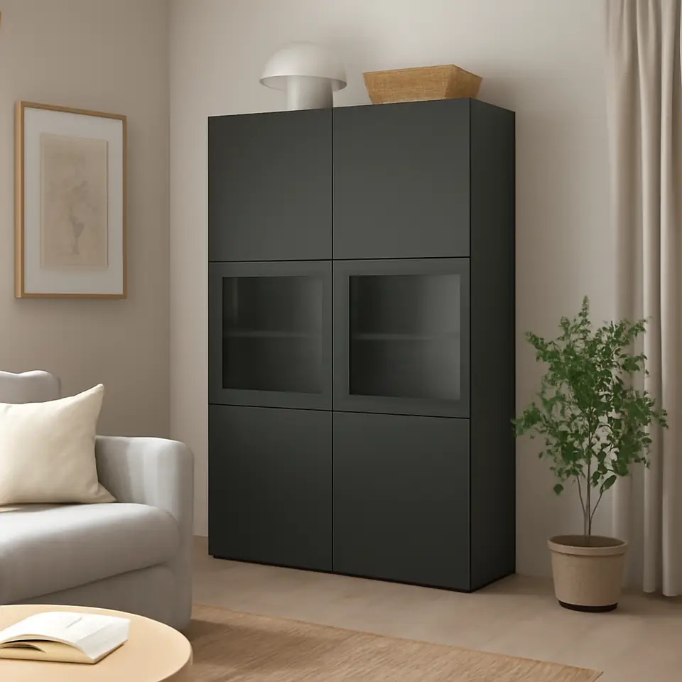 Møbelmontering BESTÅ Opbevaringsløsning med vitrinelåger, mørkegrå Lappviken/Sindvik mørkegrå, 120x42x193 cm | Professionel Møbelmontør