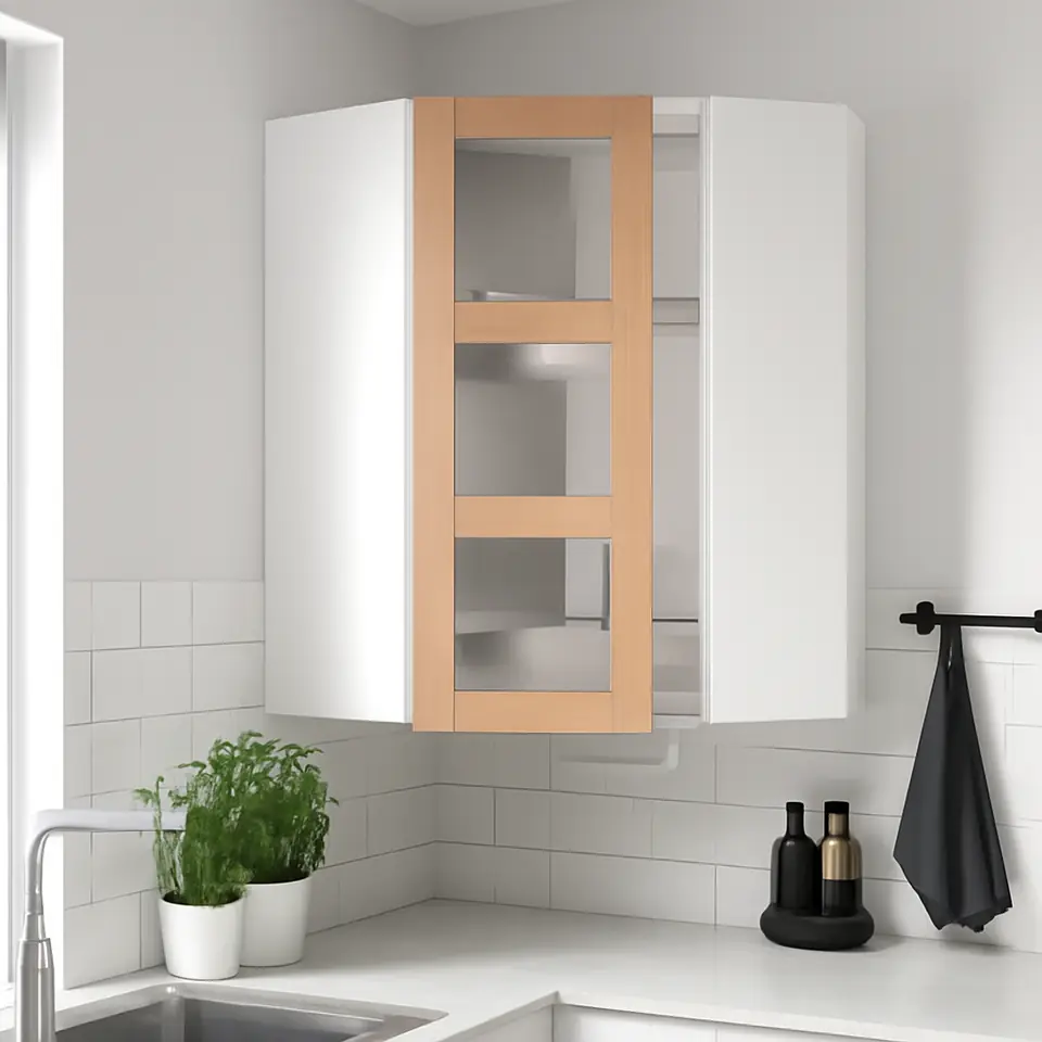 Møbelmontering METOD Hjørnevægskab med karrusel/vitrilå, hvid/Forsbacka eg, 68×80 cm | Fast Pris i Storkøbenhavn