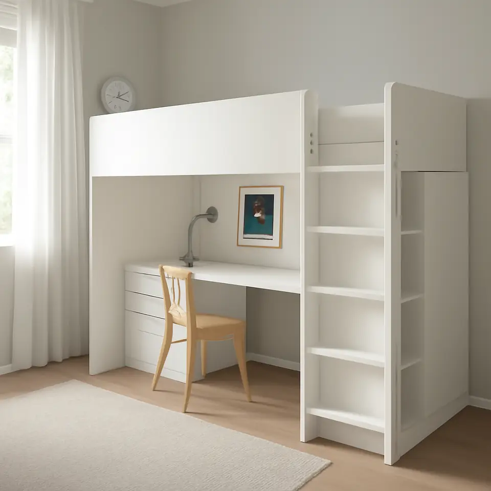 Møbelmontering SMÅSTAD Højseng, hvid hvid/med skrivebord med 2 hylder, 90×200 cm | Få et tilbud i dag