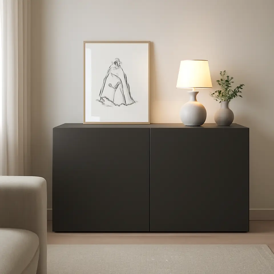 Møbelmontering BESTÅ Reol med døre, mørkegrå/Lappviken mørkegrå, 120x42x64 cm | Professionel Møbelmontør