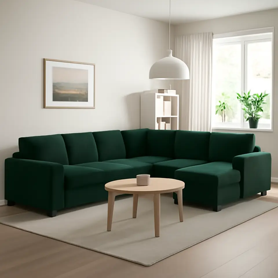 Møbelmontering VIMLE 5-pers. sovesofa med chaiselong, med brede armlæn/Djuparp mørkegrøn | Professionel Møbelmontør