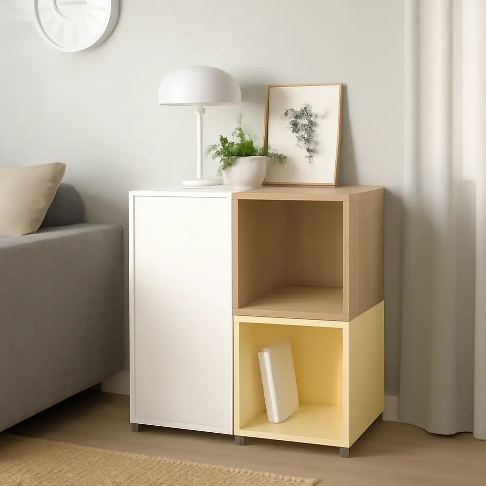 Møbelmontering EKET Skabskombination med fødder, hvid/bejdset egetræsmønster lysegul, 70x35x72 cm | Professionel Møbelmontør