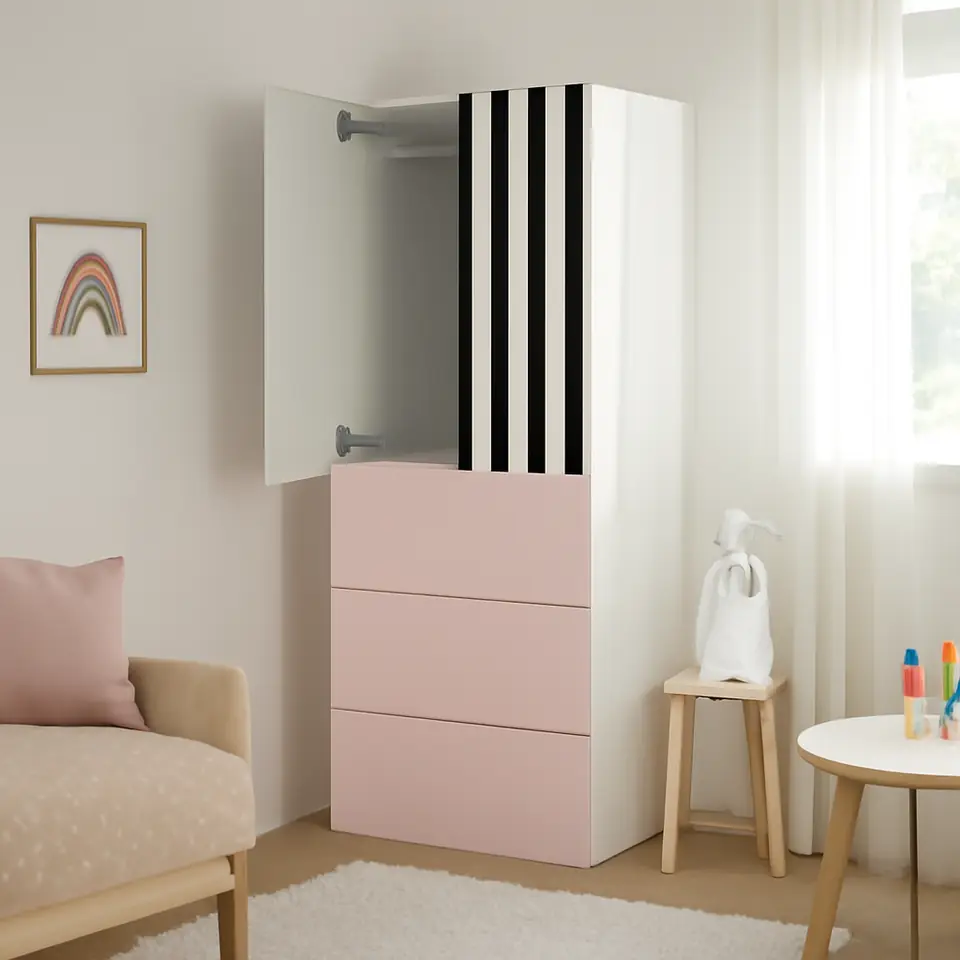 Møbelmontering SMÅSTAD / PLATSA Garderobeskab, hvid stribet/lyserød med 3 skuffer, 60x57x181 cm | Professionel Møbelmontør