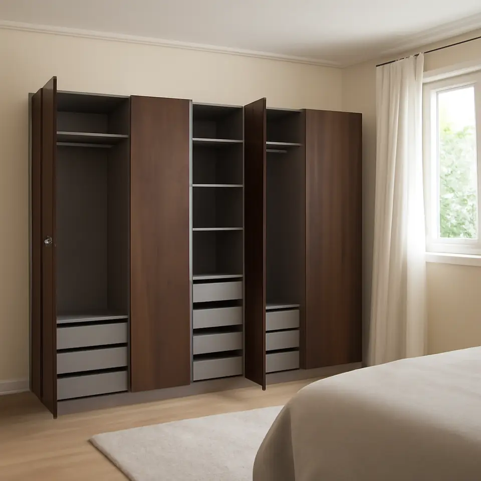 Møbelmontering PAX / STORKLINTA Garderobekombination, mørkegrå/mørkebrun bejdset egetræsmønster, 250x58x236 cm | Professionel Møbelmontør