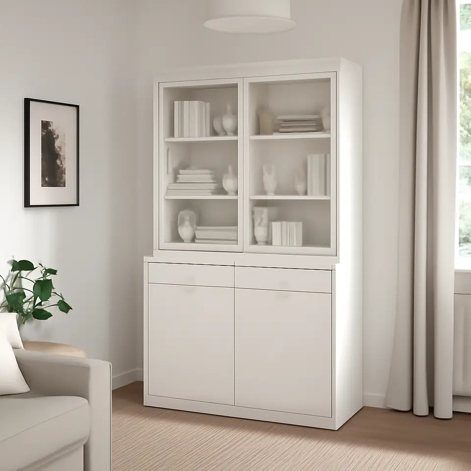 Møbelmontering TONSTAD Opbevaringskombination, skydelåger, råhvid/klart glas, 120x47x201 cm | Samling af Møbler i Rødovre & Kbh