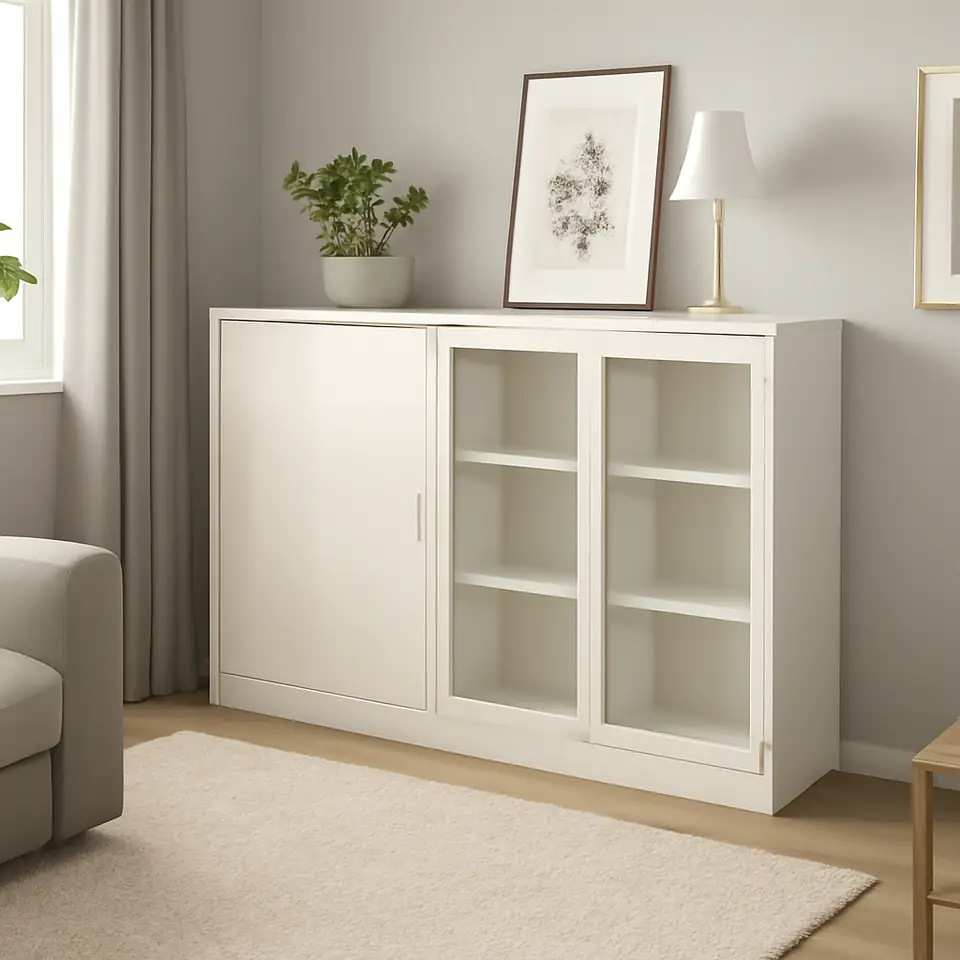 Møbelmontering TONSTAD Opbevaring med skydedøre, råhvid/klart glas, 201x37x116 cm | Samling af Møbler i Rødovre & Kbh
