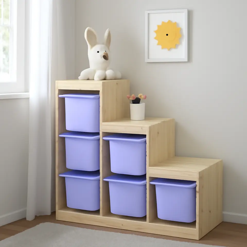 Møbelmontering TROFAST Opbevaringskombination med bokse, lys fyr med hvid bejdse/lilla, 94x44x91 cm | Billig & Hurtig i København