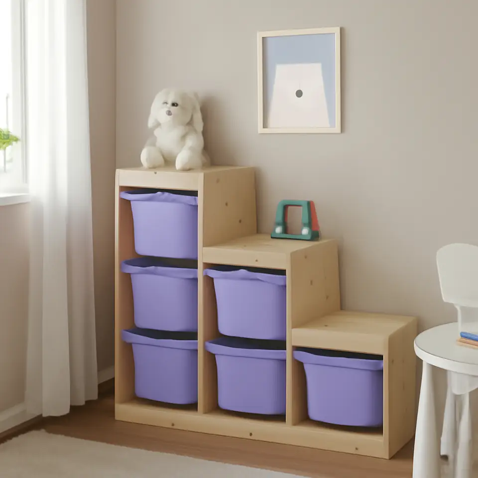 Møbelmontering TROFAST Opbevaringskombination med bokse, lys fyr med hvid bejdse/lilla, 94x44x91 cm | Billig & Hurtig i København