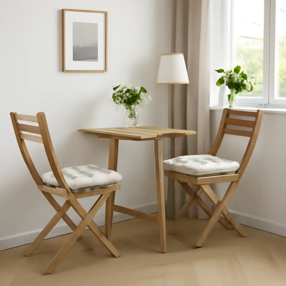 Møbelmontering ASKHOLMEN Bord til væg+2 klapstol, udendørs, akacie/Kuddarna lys gråbeige, 70×44 cm | Få et tilbud i dag