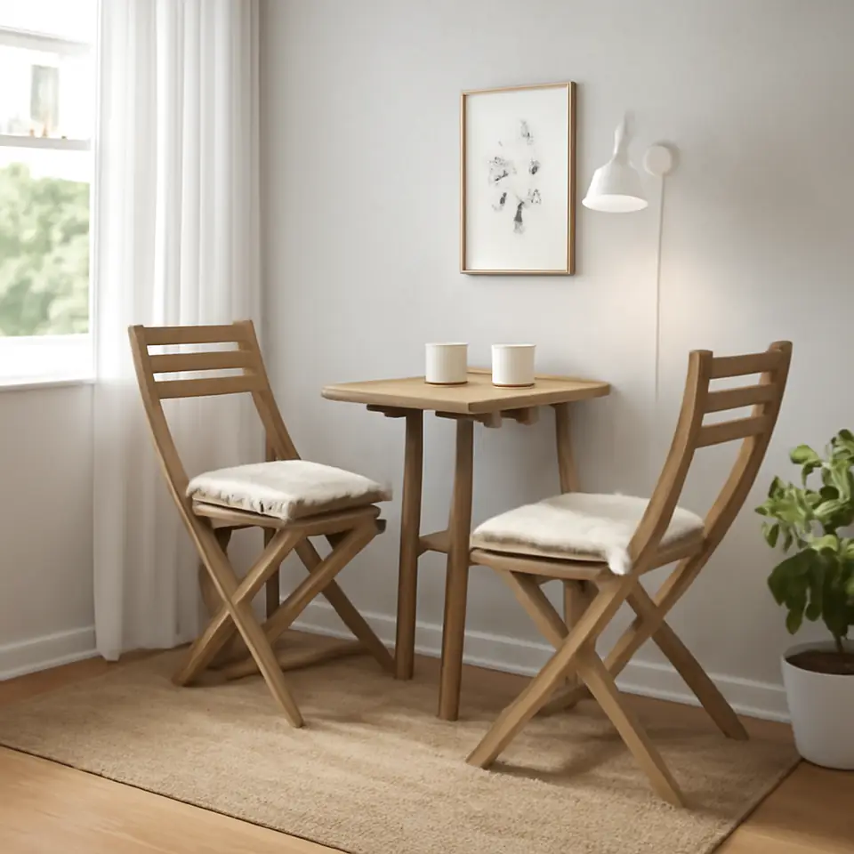 Møbelmontering ASKHOLMEN Bord til væg+2 klapstol, udendørs, akacie/Kuddarna lys gråbeige, 70×44 cm | Fast Pris i Storkøbenhavn