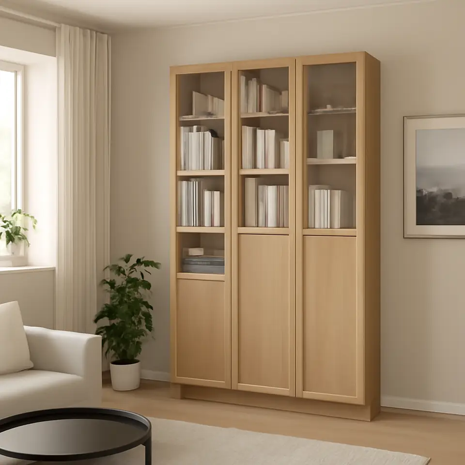 Møbelmontering BILLY / OXBERG Reolkombination m bagklæd/glaslåg, egetræsmønstret, 120x30x202 cm | Billig & Hurtig i København