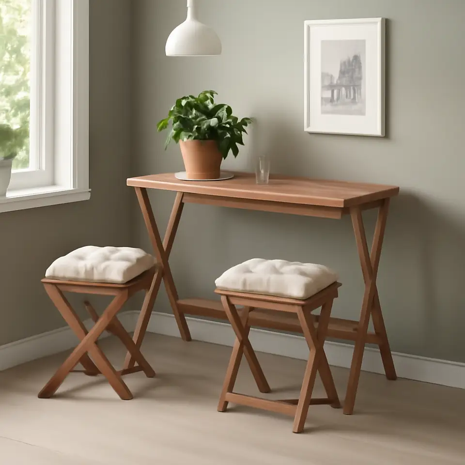 Møbelmontering NÄMMARÖ Bord og 2 taburetter, udendørs, lysebrun med bejdse kan klappes sammen/kan klappes sammen Kuddarna lys grå-beige, 108×37 cm | Fast Pris i Storkøbenhavn
