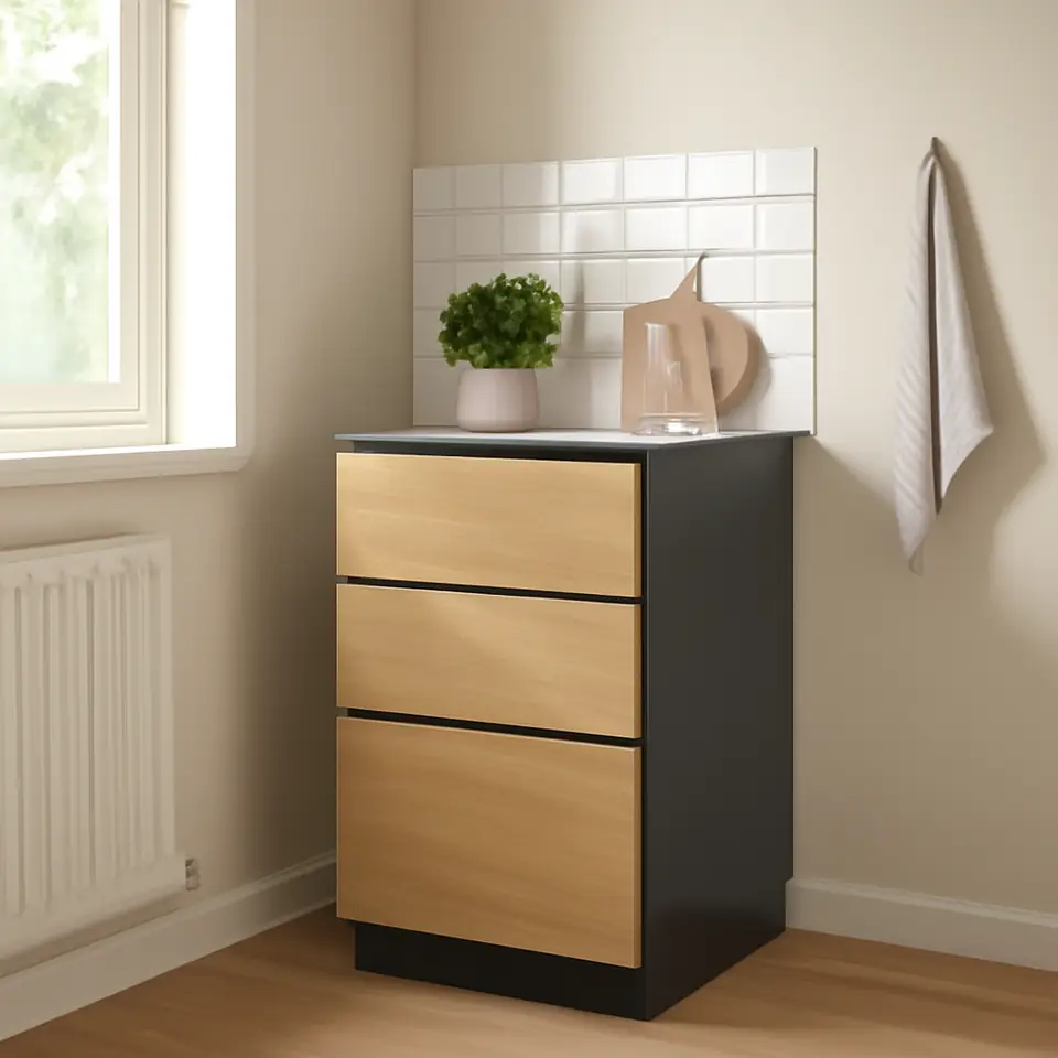 Møbelmontering METOD / KNIVSHULT Unska 3 fron/2 lav/1 mel/1 høj skuf, gråsort/Voxtorp egetræsmønstret, 40×60 cm | Professionel Møbelmontør