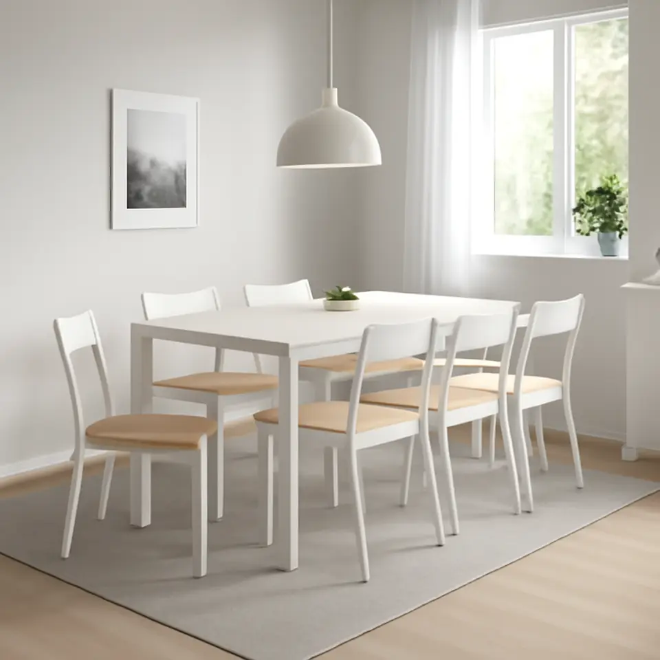 Møbelmontering VIHALS / BUSLÄTT Bord og 6 stole, hvid/hvid fyr, 120/180×74 cm | Fast Pris i Storkøbenhavn