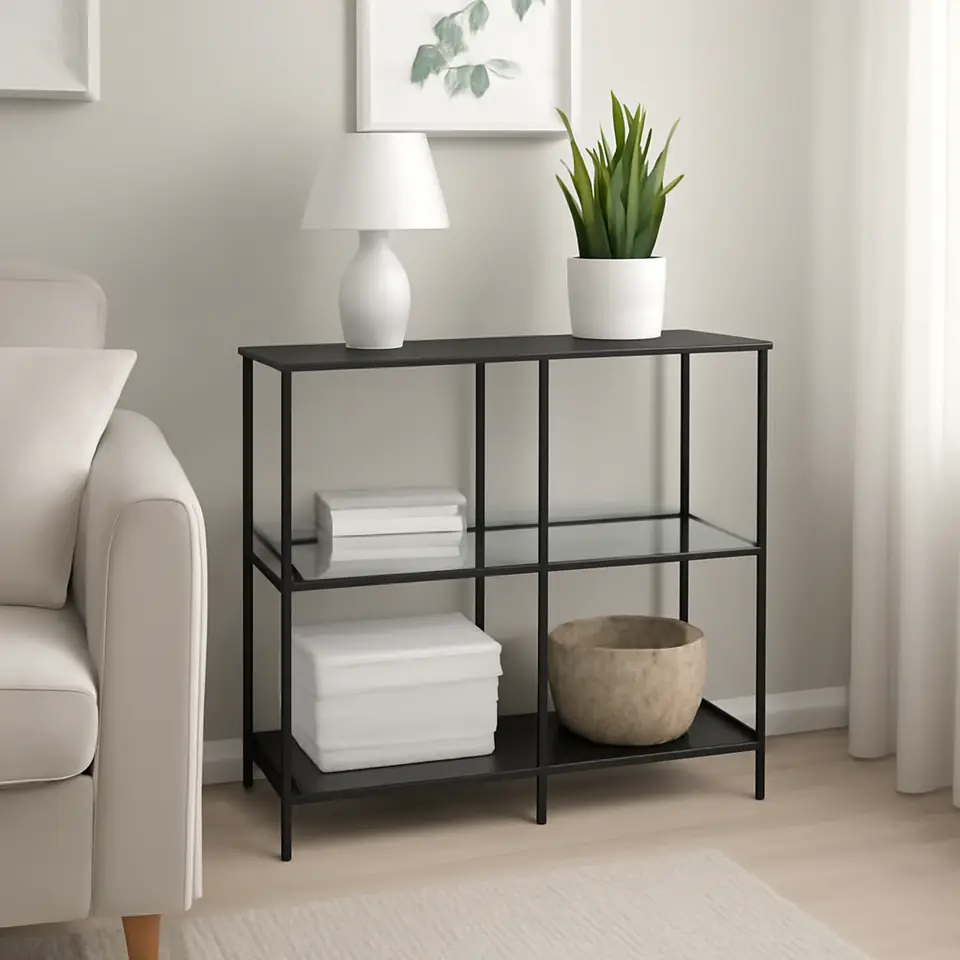 Møbelmontering VITTSJÖ Reol, sortbrun/glas, 100×93 cm | Billig & Hurtig i København