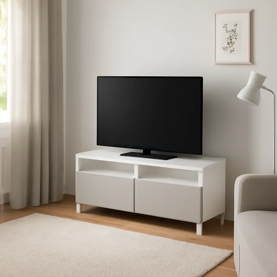 Møbelmontering BESTÅ Tv-bord med skuffer, hvid/Lappviken/Stubbarp lysegrå, 120x42x48 cm | Billig & Hurtig i København