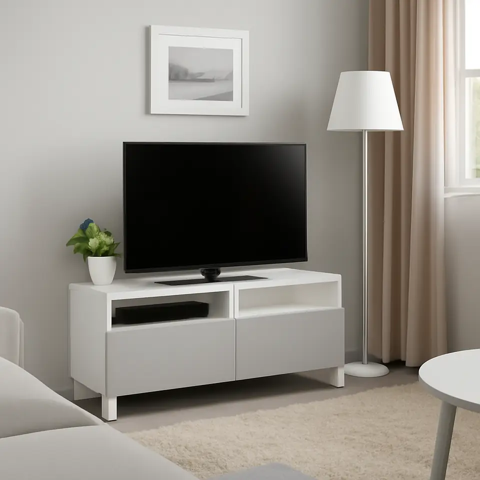 Møbelmontering BESTÅ Tv-bord med skuffer, hvid/Lappviken/Stubbarp lysegrå, 120x42x48 cm | Billig & Hurtig i København