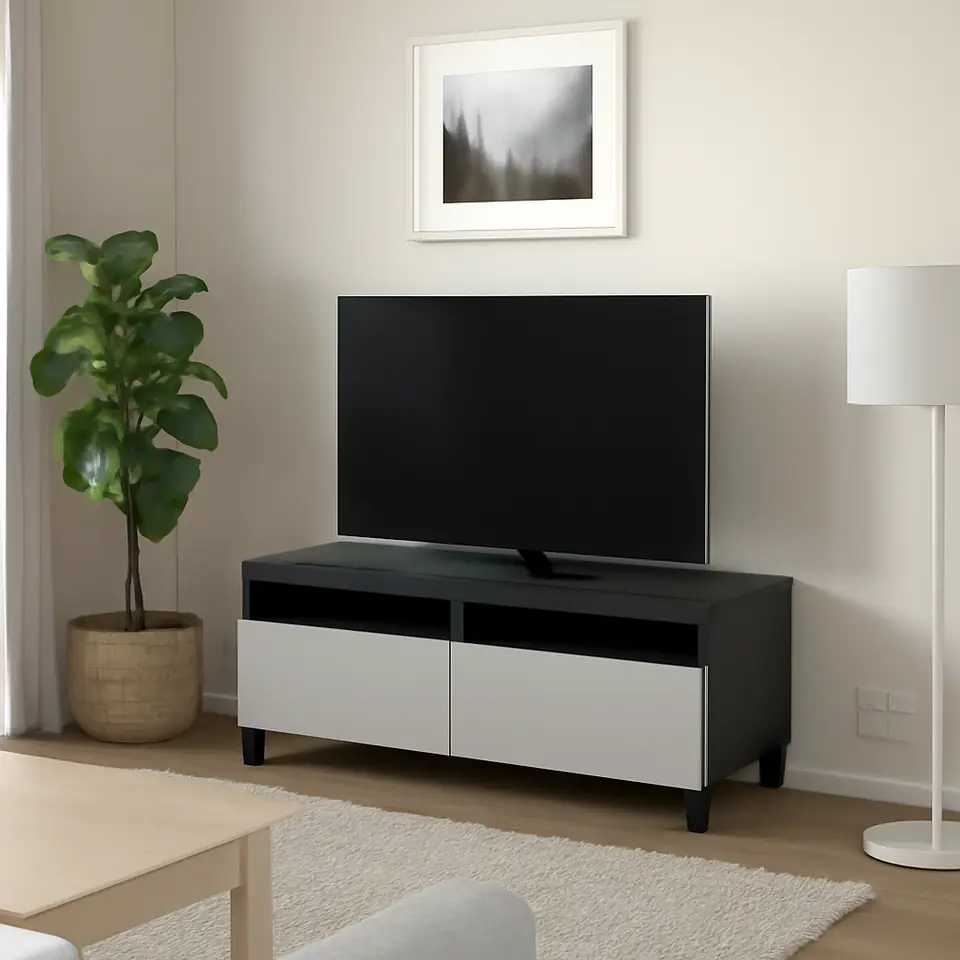 Møbelmontering BESTÅ Tv-bord med skuffer, sortbrun/Lappviken/Stubbarp lysegrå, 120x42x48 cm | Fast Pris i Storkøbenhavn