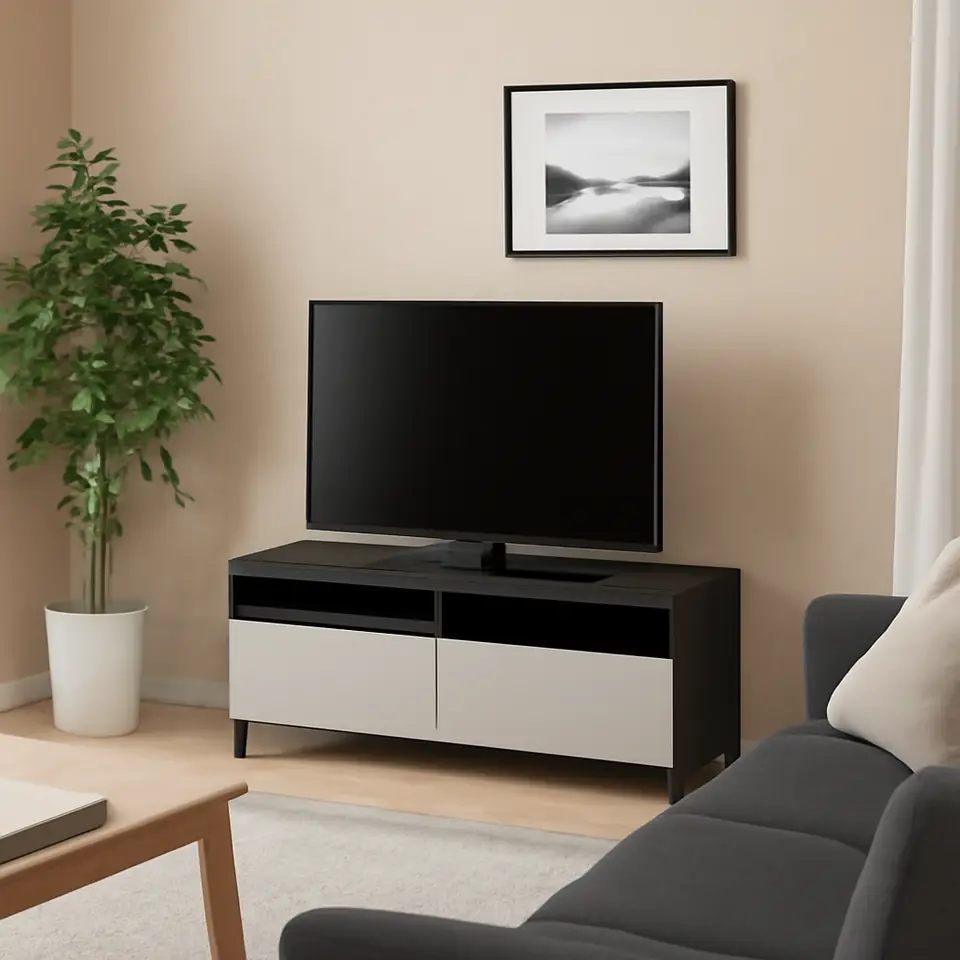 Møbelmontering BESTÅ Tv-bord med skuffer, sortbrun/Lappviken/Stubbarp lysegrå, 120x42x48 cm | Professionel Møbelmontør