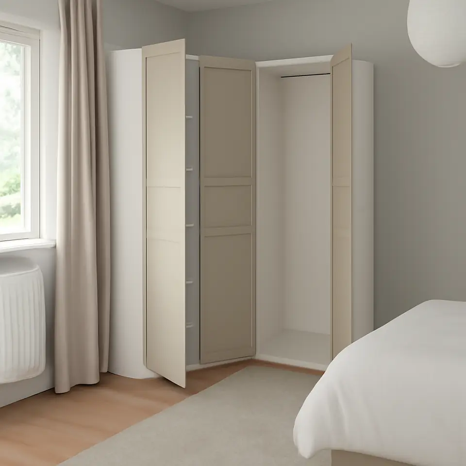 Møbelmontering PAX / FLISBERGET Hjørnegarderobe, hvid/lys beige, 161/88×201 cm | Få et tilbud i dag
