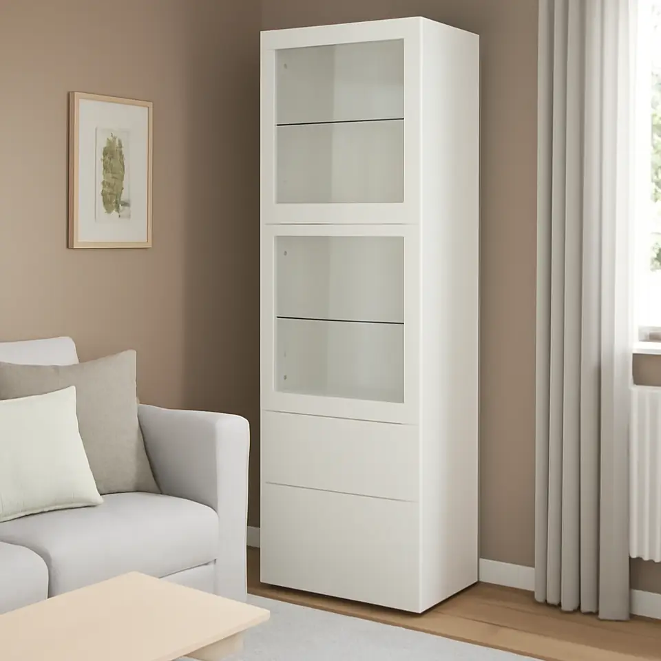 Møbelmontering BESTÅ Opbevaringsløsning med vitrinelåger, hvid/Lappviken hvidt klart glas, 60x42x193 cm | Billig & Hurtig i København