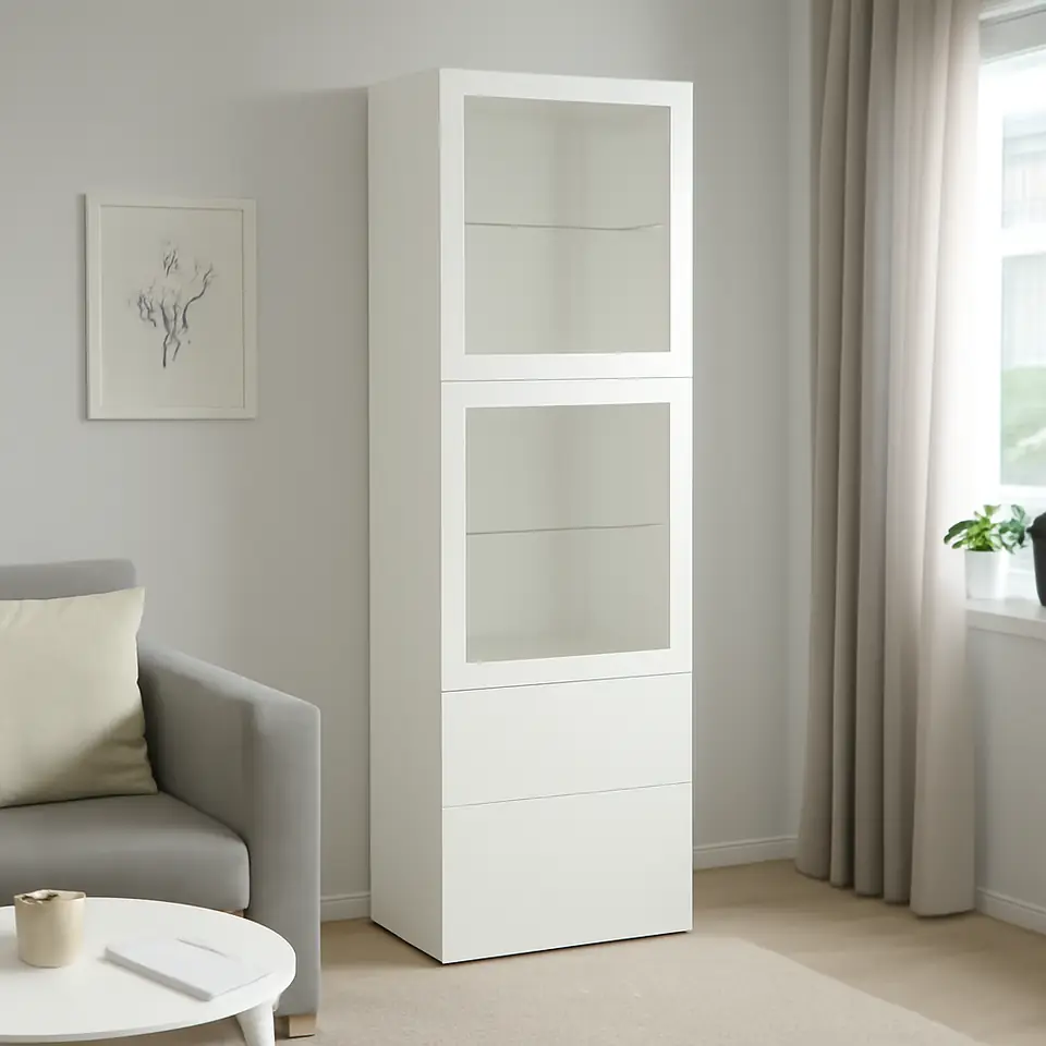 Møbelmontering BESTÅ Opbevaringsløsning med vitrinelåger, hvid/Lappviken hvidt klart glas, 60x42x193 cm | Billig & Hurtig i København