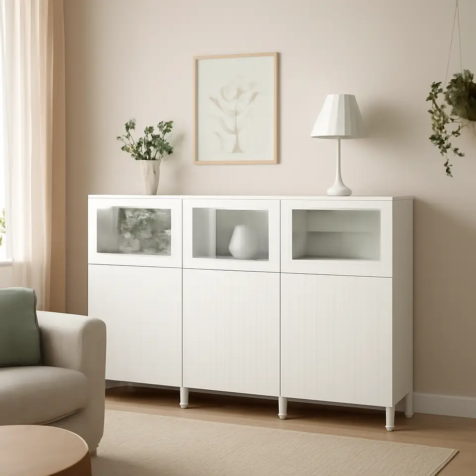 Møbelmontering BESTÅ Opbevaring med låger, hvid/Sutterviken/Kabbarp hvidt klart glas, 180x42x112 cm | Samling af Møbler i Rødovre & Kbh