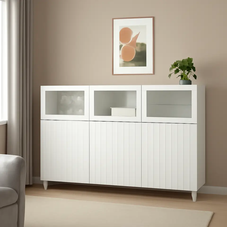 Møbelmontering BESTÅ Opbevaring med låger, hvid/Sutterviken/Kabbarp hvidt klart glas, 180x42x112 cm | Professionel Møbelmontør