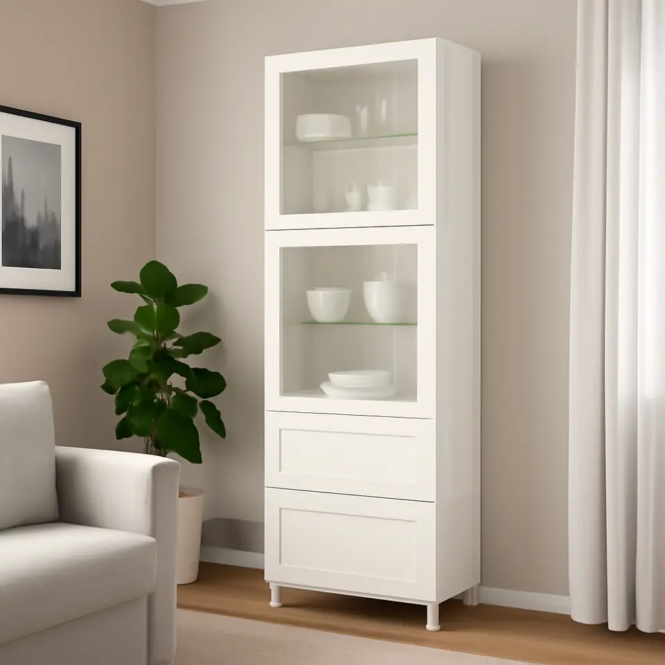 Møbelmontering BESTÅ Opbevaringsløsning med vitrinelåger, hvid Smeviken/Ostvik/Kabbarp hvidt klart glas, 60x42x202 cm | Få et tilbud i dag