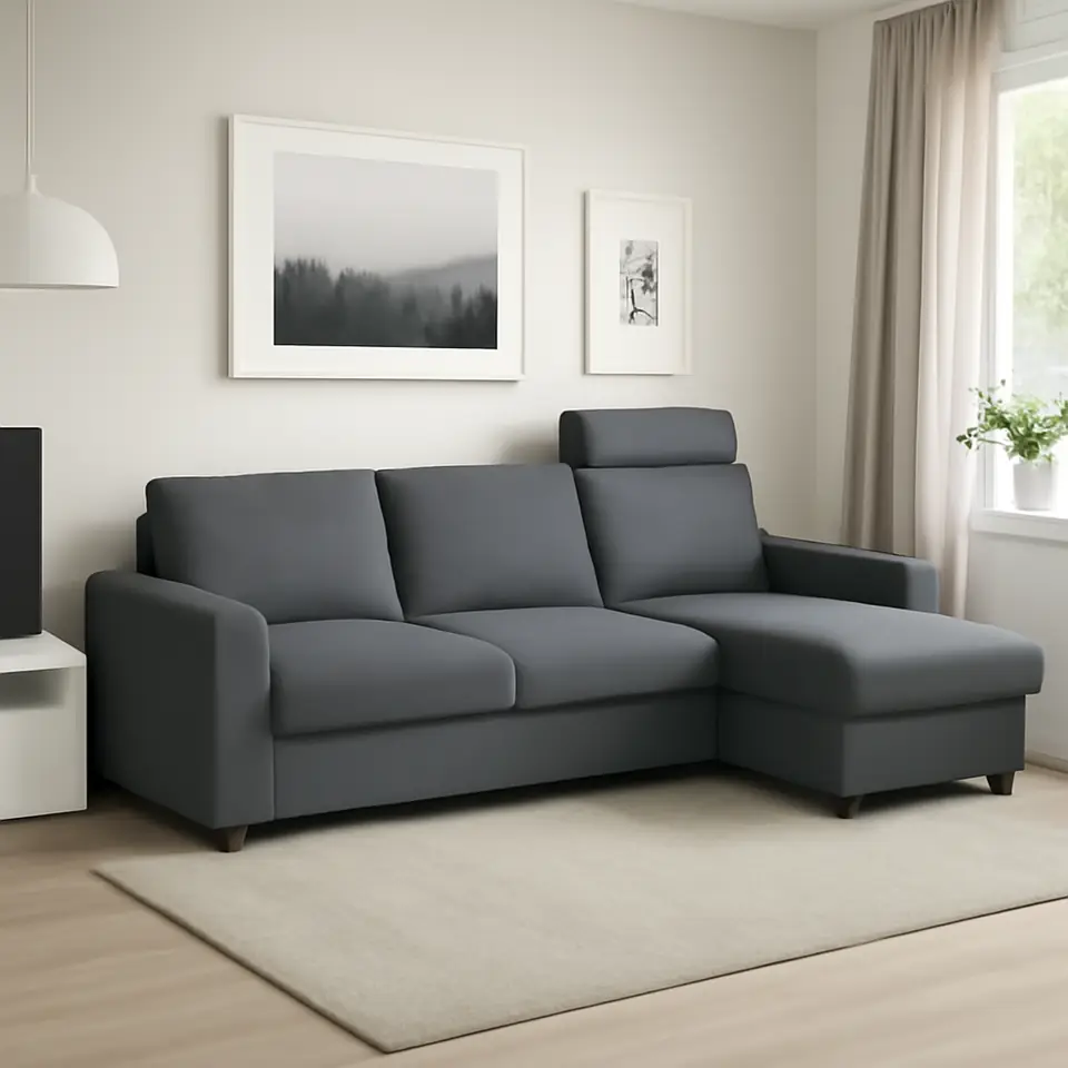 Møbelmontering VIMLE 3-pers. sofa med chaiselong, med brede armlæn med nakkepude/Hallarp grå | Fast Pris i Storkøbenhavn