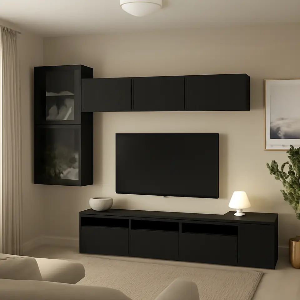 Møbelmontering BESTÅ Tv-møbel med vitrinelåger, sortbrun/Lappviken sortbrunt klart glas, 300x42x211 cm | Fast Pris i Storkøbenhavn