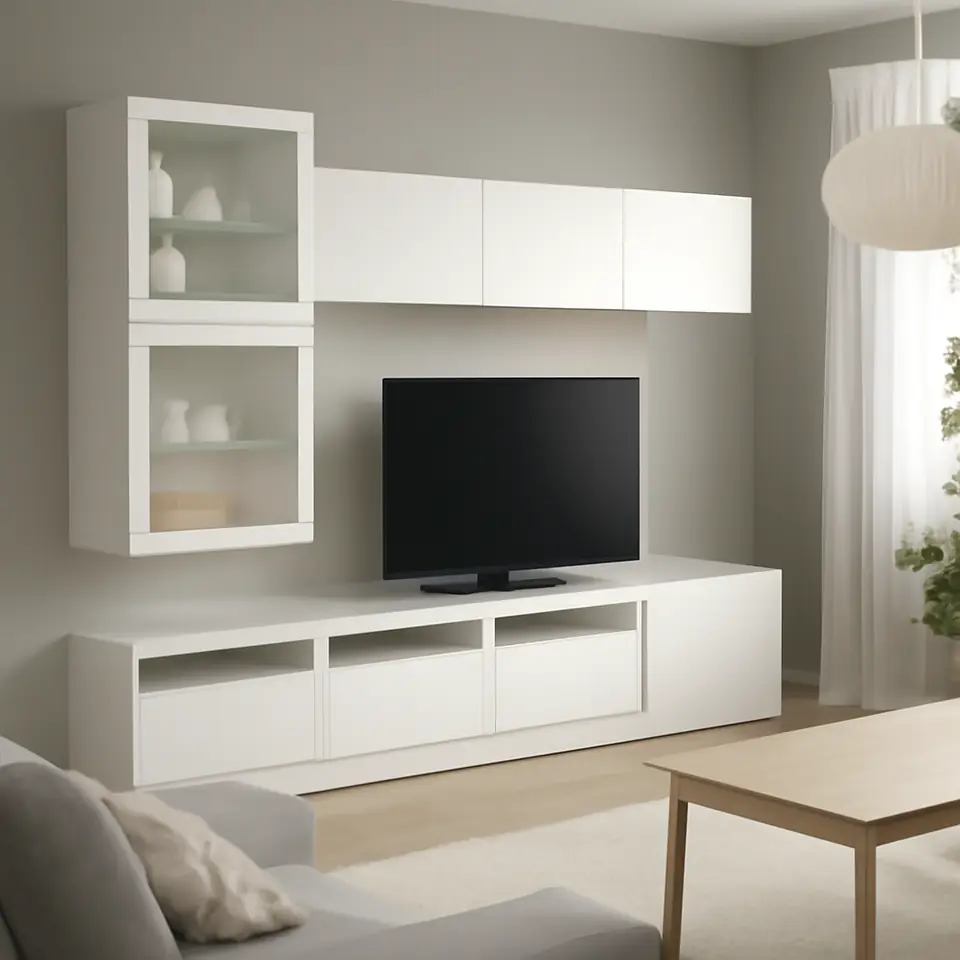 Møbelmontering BESTÅ Tv-møbel med vitrinelåger, hvid/Lappviken hvidt klart glas, 300x42x211 cm | Fast Pris i Storkøbenhavn