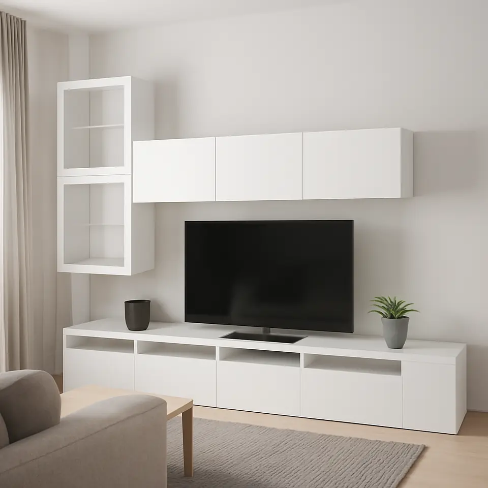 Møbelmontering BESTÅ Tv-møbel med vitrinelåger, hvid/Lappviken hvidt klart glas, 300x42x211 cm | Samling af Møbler i Rødovre & Kbh