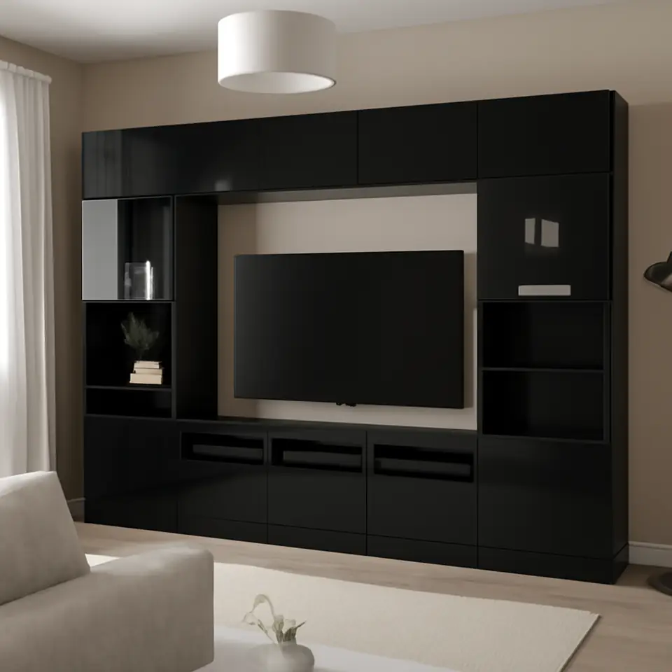 Møbelmontering BESTÅ Tv-møbel med vitrinelåger, sortbrun/Selsviken højglans/sort klart glas, 300x42x231 cm | Professionel Møbelmontør