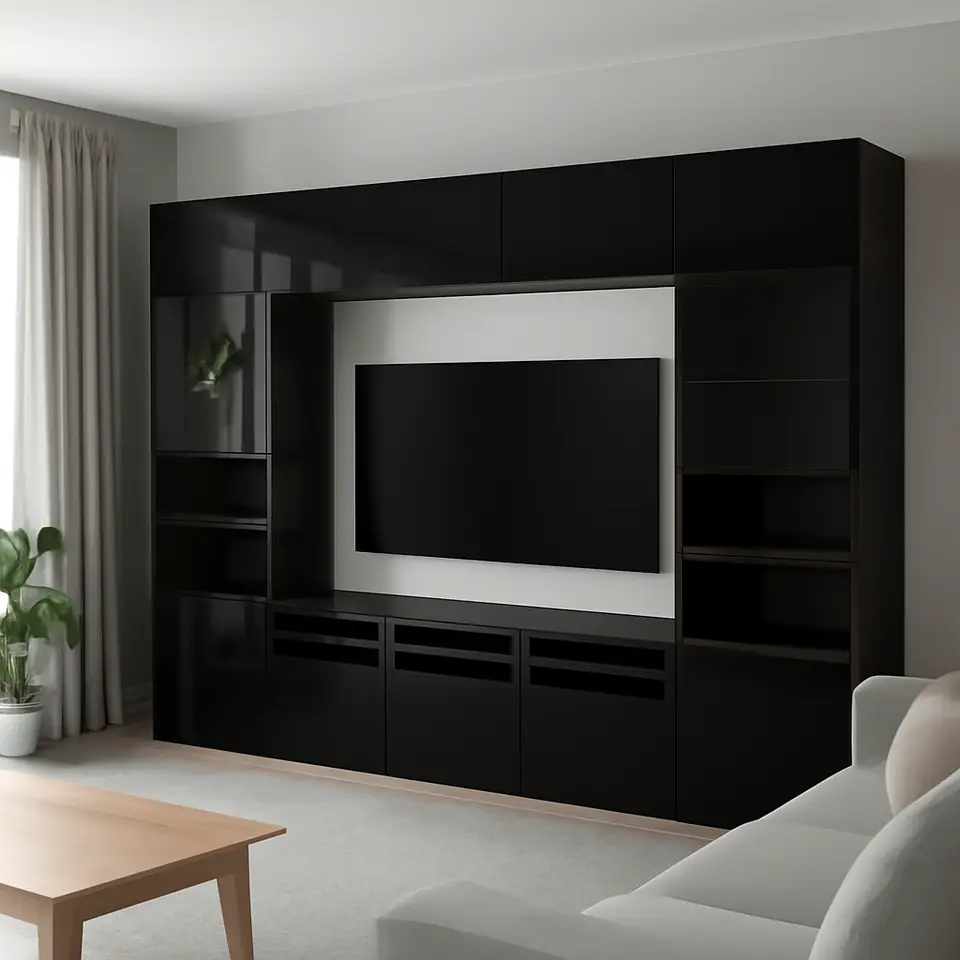 Møbelmontering BESTÅ Tv-møbel med vitrinelåger, sortbrun/Selsviken højglans/sort klart glas, 300x42x231 cm | Billig & Hurtig i København